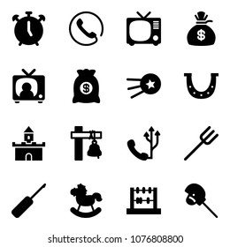 Solid vector icon set - alarm clock vector, phone, tv, money bag, news, first satellite, luck, sand fort, ship bell, farm fork, awl, rocking horse, abacus, stick toy