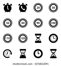 Solid vector icon set - alarm clock vector, phone, speed limit 20 road sign, 30, 50, 60, 90, 100, 110, 120, sand, time, around