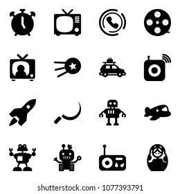 Solid vector icon set - alarm clock vector, tv, phone horn, film coil, news, first satellite, car baggage, wireless speaker, rocket, sickle, robot, plane toy, radio, russian doll