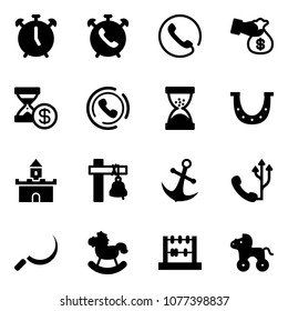 Solid vector icon set - alarm clock vector, phone, encashment, account history, horn, sand, luck, fort, ship bell, anchor, sickle, rocking horse, abacus, wheel