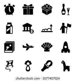 Solid vector icon set - alarm clock vector, gift, wine, milk, account, growth, win, photo, plane, shell, rocket, kite, beanbag, toy giraffe
