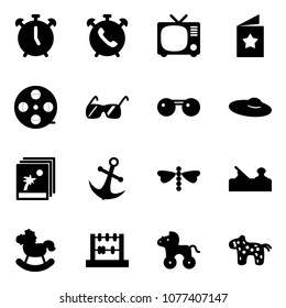 Solid vector icon set - alarm clock vector, phone, tv, star postcard, film coil, sunglasses, woman hat, photo, anchor, dragonfly, jointer, rocking horse, abacus, wheel, toy