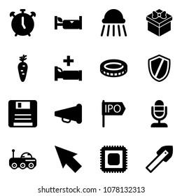 Solid vector icon set - alarm clock vector, hotel, shower, gift, carrot, hospital bed, coin, shield, save, speaker horn, ipo, microphone, moon rover, cursor, cpu, tile drill