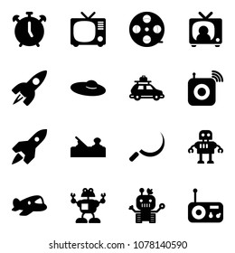Solid vector icon set - alarm clock vector, tv, film coil, news, rocket, woman hat, car baggage, wireless speaker, jointer, sickle, robot, plane toy, radio