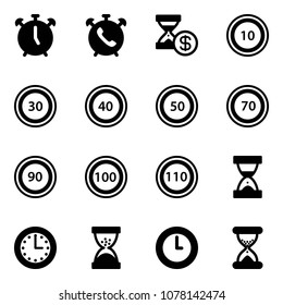 Solid vector icon set - alarm clock vector, phone, account history, speed limit 10 road sign, 30, 40, 50, 70, 90, 100, 110, sand, time