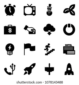 Solid vector icon set - alarm clock vector, tv, snowman, three leafs, money case, card pay, download cloud, standby, idea, flag, career, sea hotel, phone, rocket, crown drill