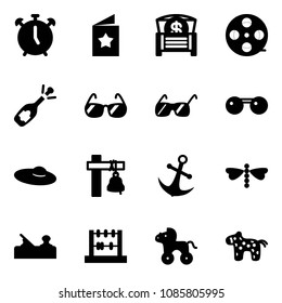 Solid vector icon set - alarm clock vector, star postcard, money chest, film coil, fizz opening, sunglasses, woman hat, ship bell, anchor, dragonfly, jointer, abacus, wheel horse, toy