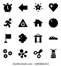 Solid vector icon set - alarm clock vector, left arrow, christmas star, heart, run, round motion road sign, home, record, flag, puzzle, pennant, limousine, flower, molecule, scissors, pyramid toy