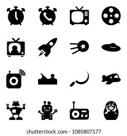 Solid vector icon set - alarm clock vector, phone, tv, film coil, news, rocket, first satellite, woman hat, wireless speaker, jointer, sickle, plane toy, robot, radio, russian doll