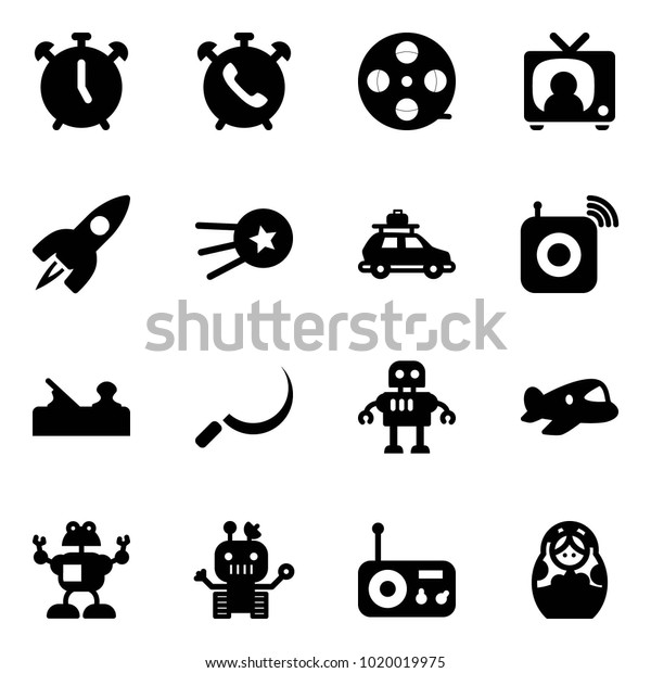 Solid\
vector icon set - alarm clock vector, phone, film coil, tv news,\
rocket, first satellite, car baggage, wireless speaker, jointer,\
sickle, robot, plane toy, radio, russian\
doll