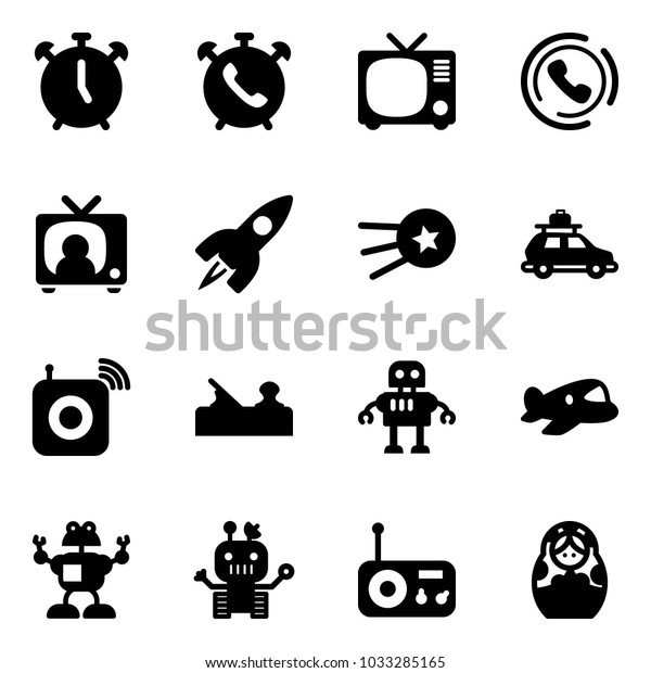 Solid vector icon\
set - alarm clock vector, phone, tv, horn, news, rocket, first\
satellite, car baggage, wireless speaker, jointer, robot, plane\
toy, radio, russian doll