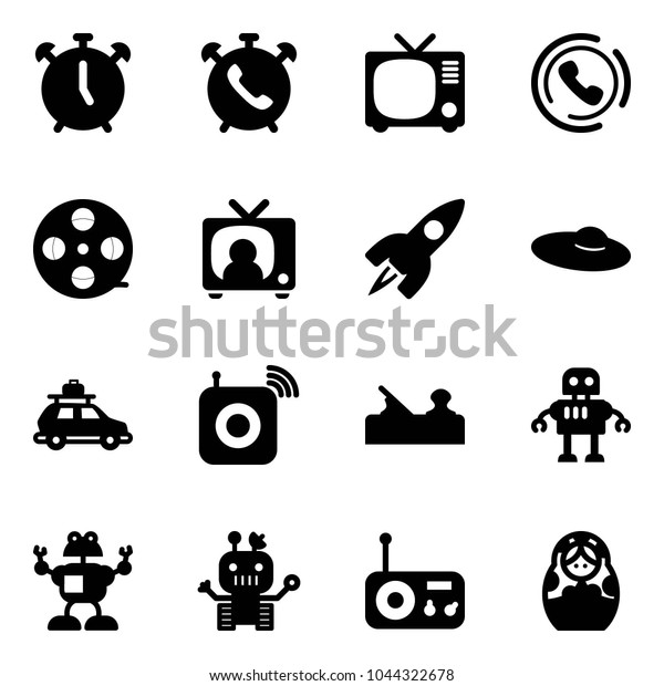 Solid vector icon set - alarm\
clock vector, phone, tv, horn, film coil, news, rocket, woman hat,\
car baggage, wireless speaker, jointer, robot, radio, russian\
doll