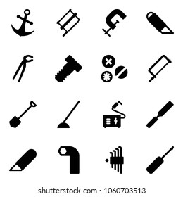 Solid vector icon set - anchor vector, bucksaw, clamp, work knife, plumber, bolt, rivet, metal hacksaw, shovel, hoe, welding, rasp, allen key, set, awl