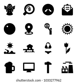 Solid vector icon set - angel vector, money search, detour road sign, opened mail, record, map pin, world, sun, reading, bungalow, swimsuit, tulip, beer, monitor, hammer, plant