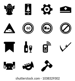 Solid vector icon set - angel vector, christmas mobile, heart gear, doctor hat, steep descent road sign, speed limit 60, no truck overtake, parking, flag, wine, phone, scythe, sharpening, horn toy