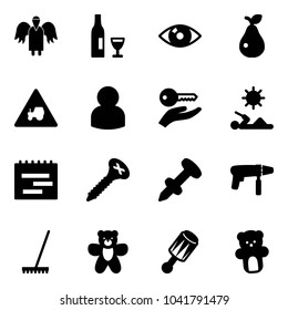 Solid vector icon set - angel vector, wine, eye, pear, tractor way road sign, user, key hand, reading, terms plan, screw, nail dowel, drill machine, rake, bear toy, beanbag