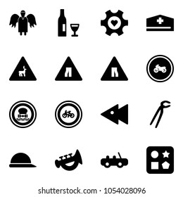 Solid vector icon set - angel vector, wine, heart gear, doctor hat, wild animals road sign, narrows, no moto, dangerous cargo, bike, fast backward, plumber, construction helmet, horn toy, car