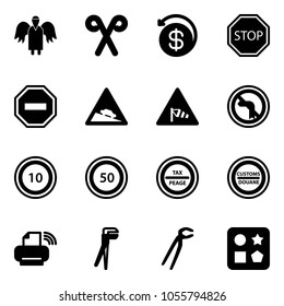 Solid vector icon set - angel vector, santa stick, money back, stop road sign, no way, steep descent, side wind, left turn, speed limit 10, 50, tax peage, customs, printer wireless, plumber