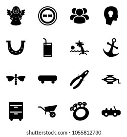 Solid vector icon set - angel vector, no overtake road sign, group, head bulb, luck, drink, palm, anchor, dragonfly, skateboard, pliers, jack, tool cabinet, wheelbarrow, beanbag, toy car