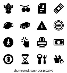 Solid vector icon set - angel vector, rowanberry, patient card, medical patch, lemon, dollar, intersection road sign, no bus, pedestrian way, hand touch, printer, money, sand clock, shovel fork toy