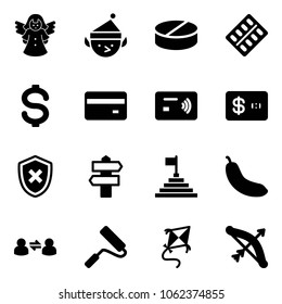 Solid vector icon set - angel vector, christmas elf, pill, pills blister, dollar, credit card, tap pay, shield cross, signpost, pyramid flag, banana, information exchange, paint roller, kite, bow