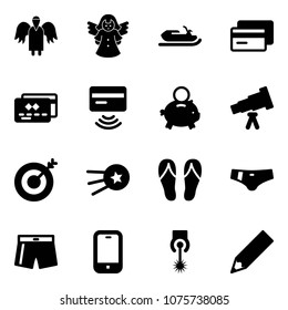 Solid vector icon set - angel vector, snowmobile, credit card, tap pay, piggy bank, telescope, target, first satellite, flip flops, swimsuit, mobile phone, laser, pencil