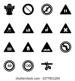 Solid vector icon set - angel vector, prohibition road sign, no parkin odd, oncoming traffic, slippery, children, wild animals, railway intersection, narrows, rough, left turn, speed limit 60, 120