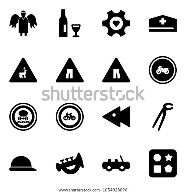 Solid vector icon set - angel vector, wine, heart\
gear, doctor hat, wild animals road sign, narrows, no moto,\
dangerous cargo, bike, fast backward, plumber, construction helmet,\
horn toy, car
