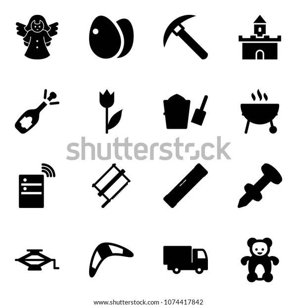 Solid\
vector icon set - angel vector, eggs, rock axe, sand fort, fizz\
opening, tulip, bucket scoop, grill, server wireless, bucksaw,\
level, nail dowel, jack, boomerang, truck toy,\
bear