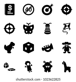 Solid vector icon set - annual report vector, end speed limit road sign, target, butterfly, pyramid toy, kite, dinosaur, cube, horn, doll, constructor blocks, monster, giraffe