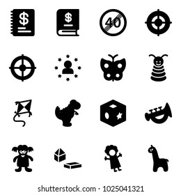 Solid vector icon set - annual report vector, end speed limit road sign, target, star man, butterfly, pyramid toy, kite, dinosaur, cube, horn, doll, constructor blocks, giraffe