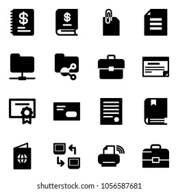 Solid vector icon set - annual report vector, attachment, document, network folder, shared, portfolio, schedule, certificate, envelope, agreement, book, passport, data exchange, printer wireless