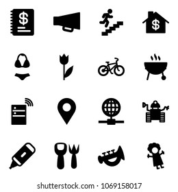 Solid vector icon set - annual report vector, loudspeaker, career, home dollar, swimsuit, tulip, bike, grill, server wireless, navigation pin, globe, robot, marker, shovel fork toy, horn, doll