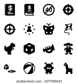 Solid vector icon set - annual report vector, end speed limit road sign, target, star man, butterfly, kite, dinosaur toy, cube, horn, doll, constructor blocks, beach ball, monster, giraffe