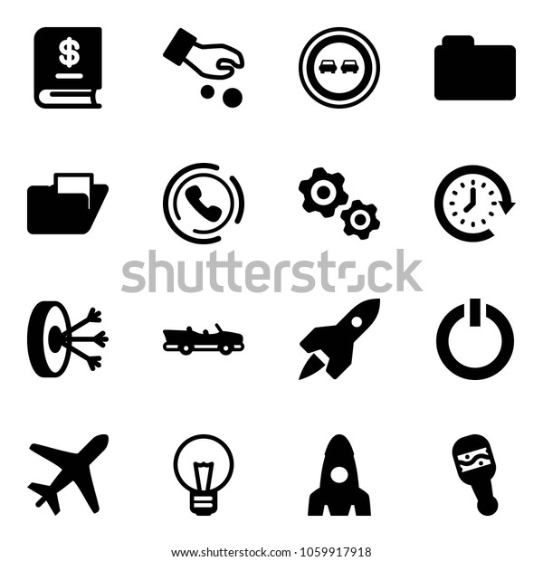 Solid vector icon set - annual report vector,\
investment, no overtake road sign, folder, phone horn, gears, clock\
around, solution, cabrio, rocket, standby button, plane, bulb,\
beanbag