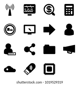 Solid vector icon set - antenna vector, diagnostic monitor, money click, calculator, no truck overtake road sign, cursor, right arrow, user, password, share, folder, loudspeaker, cloud, usb wi fi