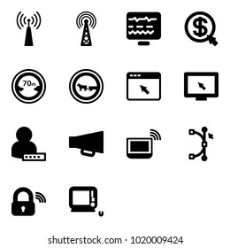 Solid vector icon set - antenna vector, diagnostic monitor, money click, limited distance road sign, no cart horse, cursor browser, user password, loudspeaker, notebook wi fi, bezier, wireless lock