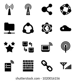Solid vector icon set - antenna vector, share, friends, network folder, community, gear globe, cloud, stars, data exchange, notebook wi fi, server wireless, binary code, link, fine signal