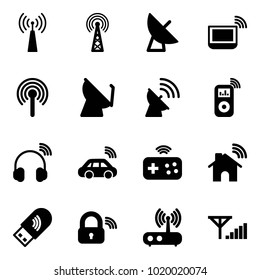 Solid vector icon set - antenna vector, satellite, notebook wi fi, music player, wireless headphones, car, joystick, home, usb, lock, router, fine signal