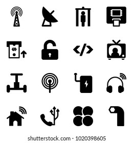 Solid vector icon set - antenna vector, satellite, metal detector gate, atm, unlocked, tag code, tv news, gyroscope, power bank, wireless headphones, home, phone, atom core, allen key