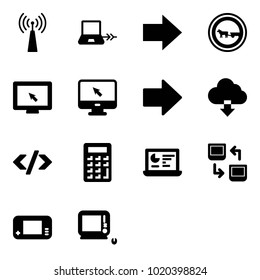 Solid vector icon set - antenna vector, notebook connect, right arrow, no cart horse road sign, monitor cursor, download cloud, tag code, calculator, statistics, data exchange, game console