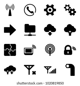 Solid vector icon set - antenna vector, phone, gear, right arrow, network folder, download cloud, upload, puzzle, notebook wi fi, wireless lock, exchange data, no signal, fine, allen key