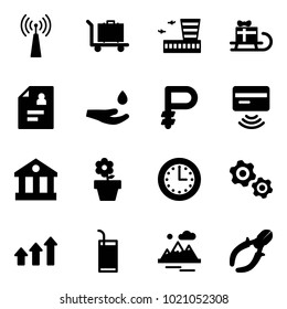 Solid vector icon set - antenna vector, baggage, airport building, sleigh gift, patient card, drop hand, ruble, tap pay, bank, flower pot, time, gears, arrows up, drink, mountains, side cutters