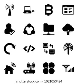 Solid vector icon set - antenna vector, notebook connect, bitcoin, website, user check, social, network folder, upload cloud, redo, tag code, data exchange, wireless home, wi fi router, atom core