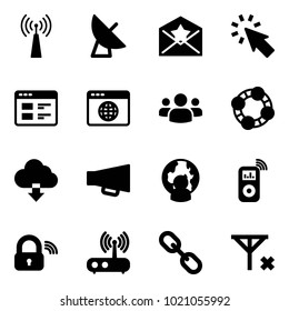 Solid vector icon set - antenna vector, satellite, star letter, cursor, website, browser globe, group, friends, download cloud, loudspeaker, man, music player, wireless lock, wi fi router, link