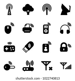 Solid vector icon set - antenna vector, upload cloud, satellite, mouse wireless, printer, music player, headphones, joystick, usb wi fi, identity card, lock, key, router, no signal, fine