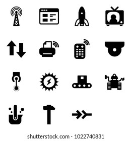 Solid vector icon set - antenna vector, website, rocket, tv news, up down arrows, printer wireless, remote control, surveillance camera, laser, sun power, conveyor, robot, casting of steel, hammer