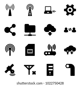 Solid vector icon set - antenna vector, notebook connect, gear, share, network folder, download cloud, information exchange, sim, wi fi router, data, satellite, no signal, server, allen key