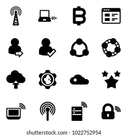 Solid vector icon set - antenna vector, notebook connect, bitcoin, website, user login, check, social, friends, upload cloud, gear globe, stars, wi fi, server wireless, lock