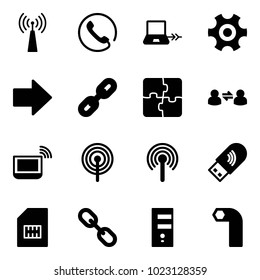 Solid vector icon set - antenna vector, phone, notebook connect, gear, right arrow, link, puzzle, information exchange, wi fi, usb, sim, server, allen key